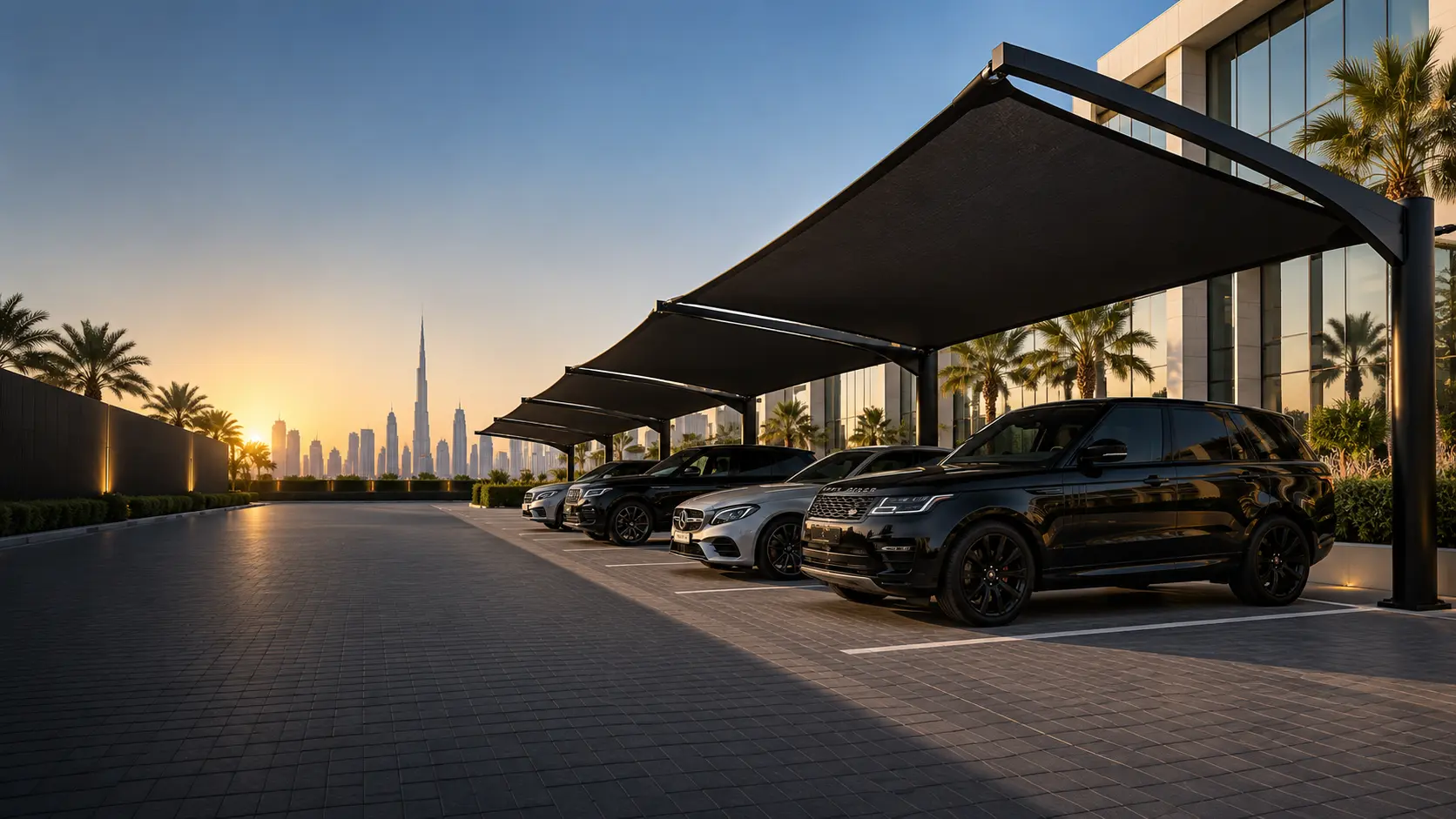 car parking shades UAE: Cantilever fabric canopies over a row of parked vehicles — design illustration