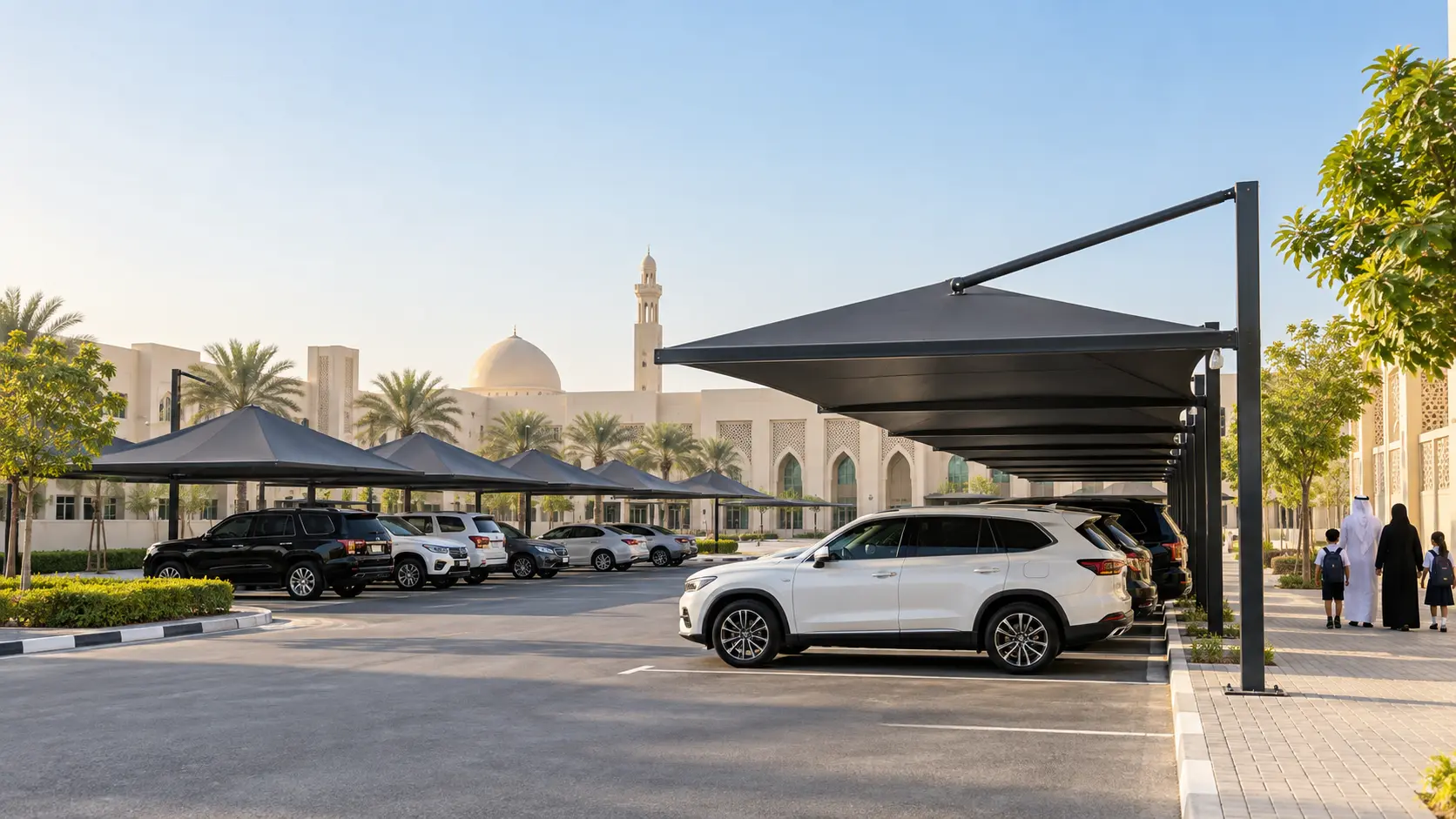 car parking shades UAE: Pyramid canopies on the left and cantilever car parking shades on the right — design illustration