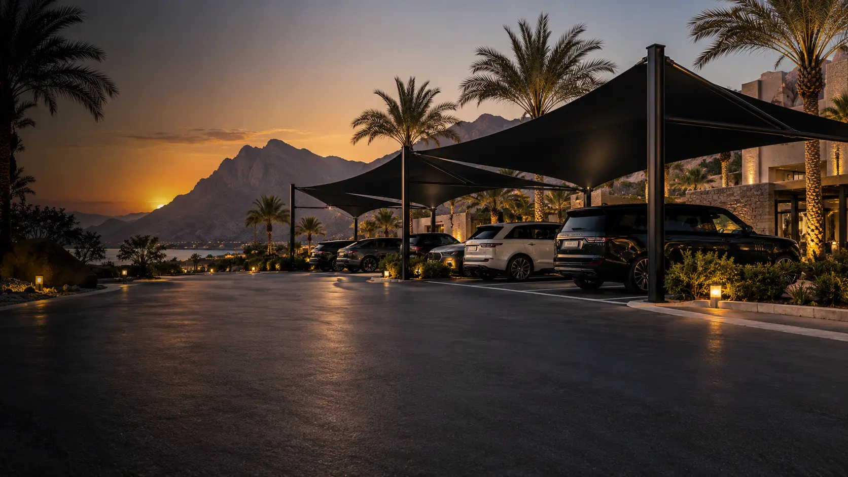 car parking shades UAE: Tensile sail canopies covering vehicles beside a landscaped resort — design illustration
