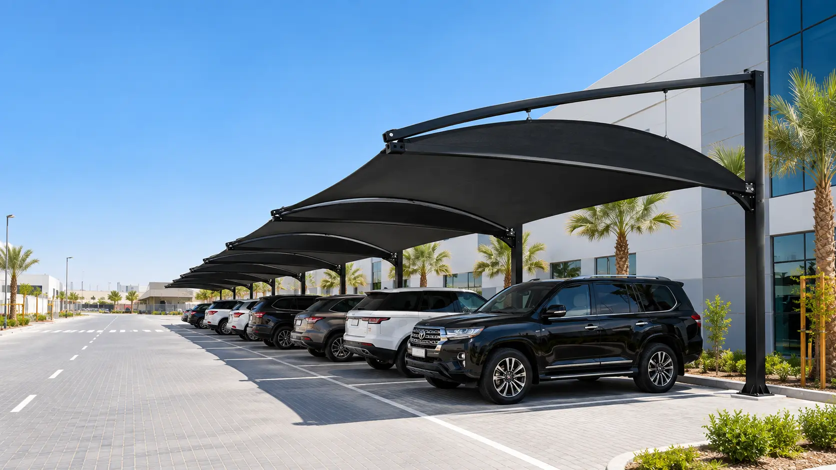 car parking shades UAE: Arched cantilever canopies above a commercial parking row — design illustration